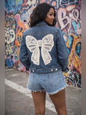 Upcycled Denim Jean Jacket with Lace Bow Back - Blue